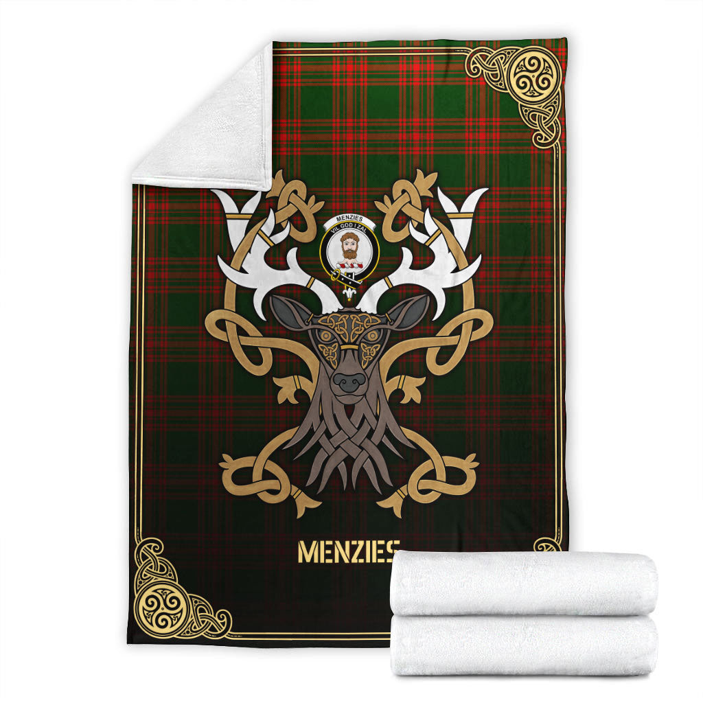 Menzies Green Modern Tartan Crest Premium Blanket - Celtic Stag style