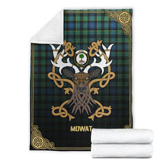 Mowat Ancient Tartan Crest Premium Blanket - Celtic Stag style