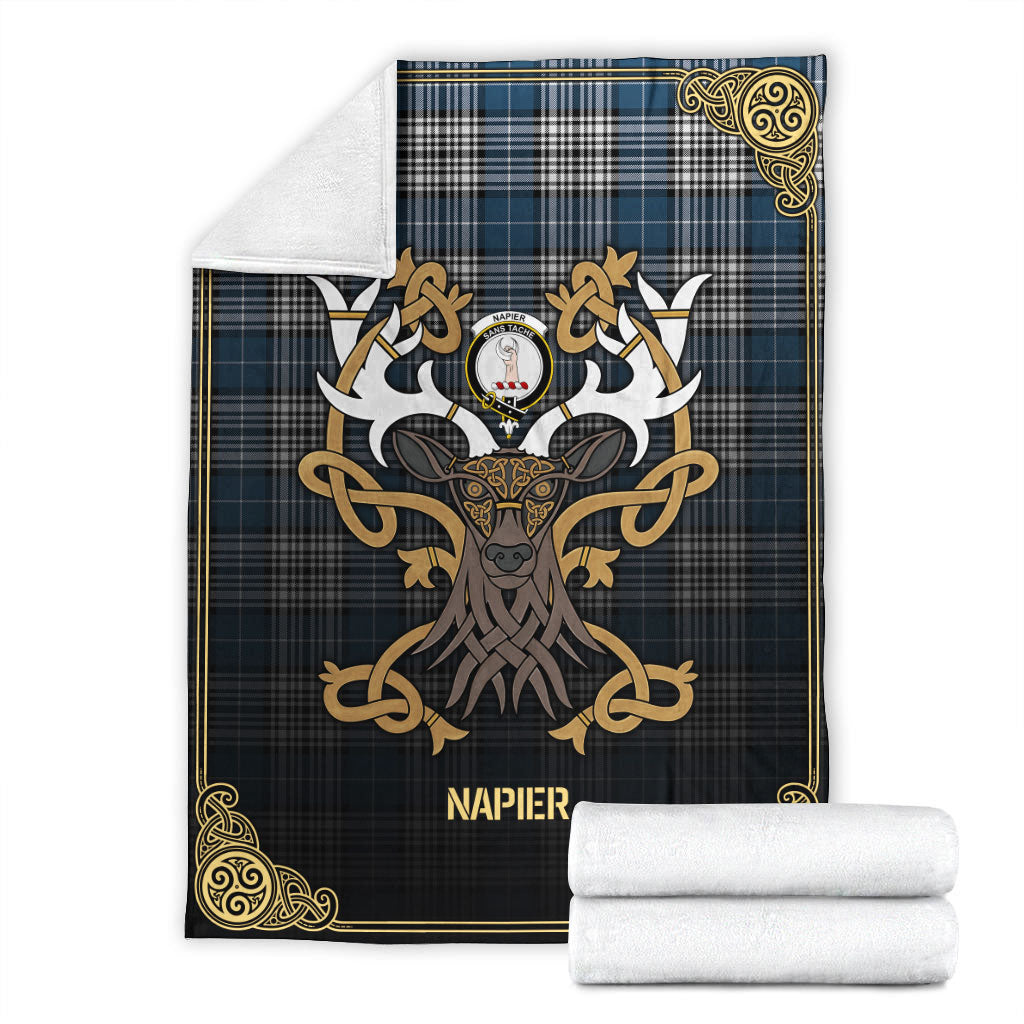 Napier Modern Tartan Crest Premium Blanket - Celtic Stag style