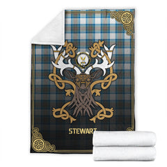 Stewart Muted Blue Tartan Crest Premium Blanket - Celtic Stag style