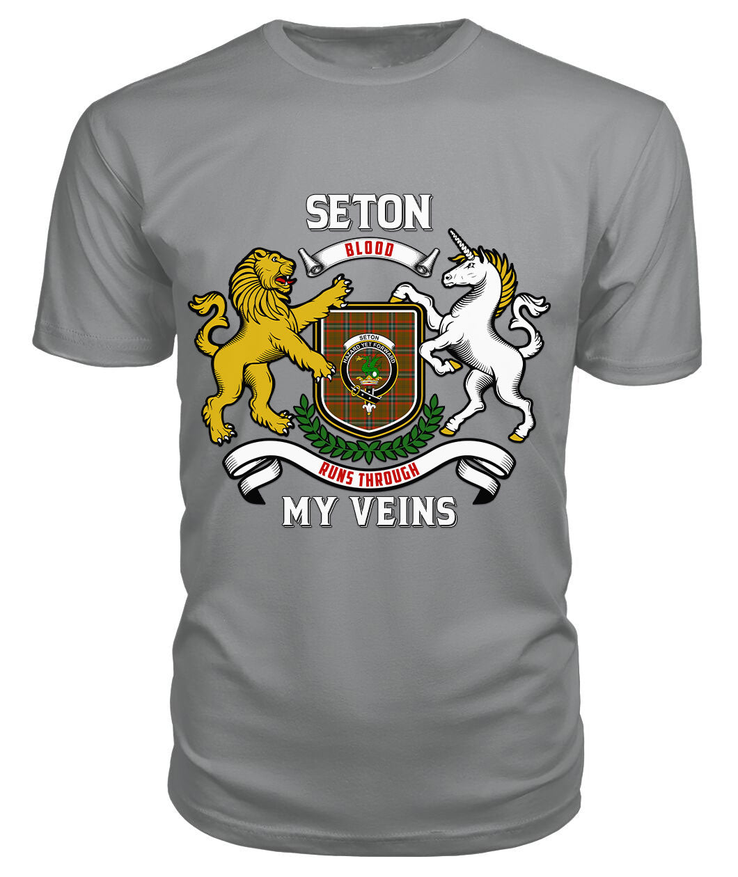 Seton Hunting Modern Tartan Crest 2D T-shirt - Blood Runs Through My Veins Style