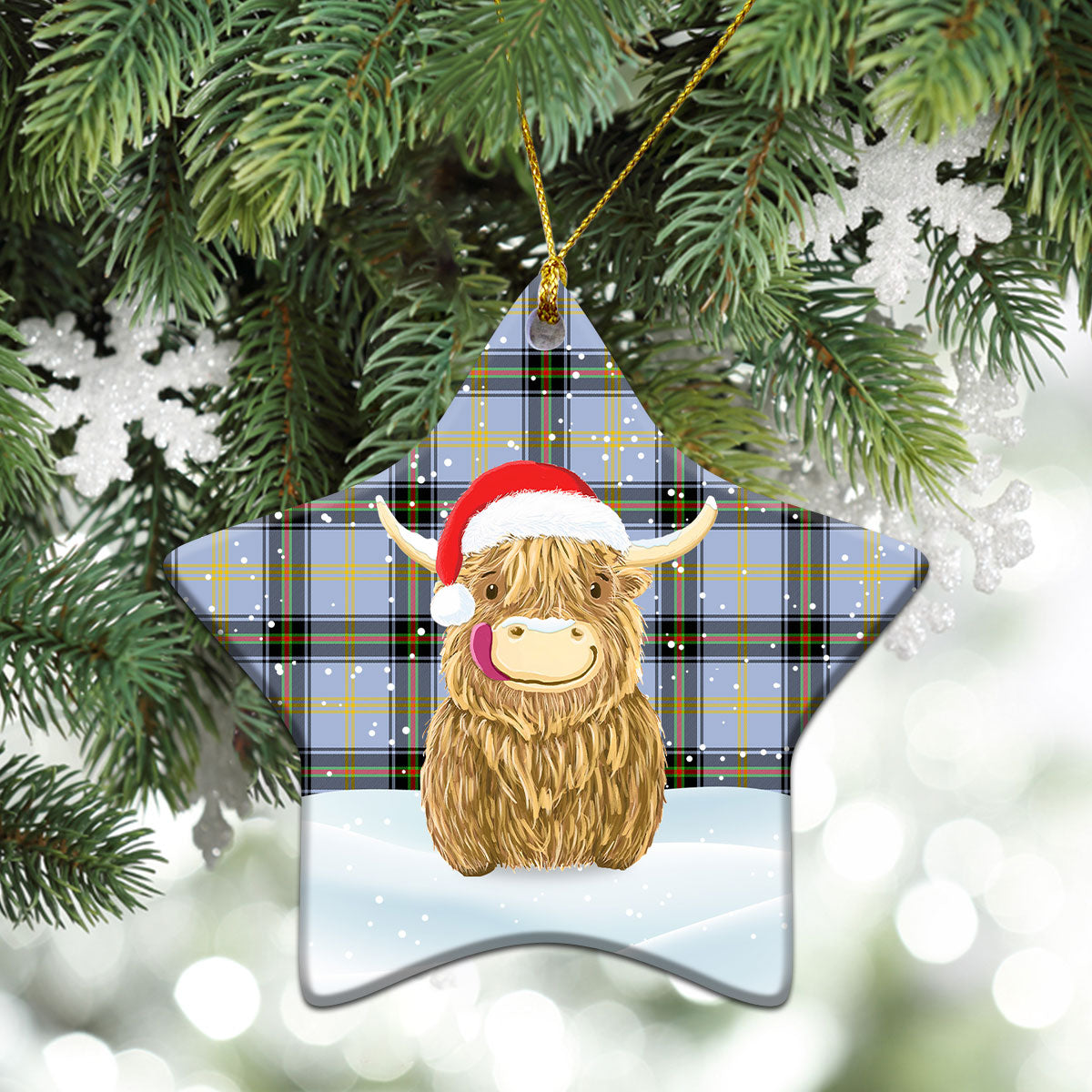 Bell of the Borders Tartan Christmas Ceramic Ornament - Highland Cows Style