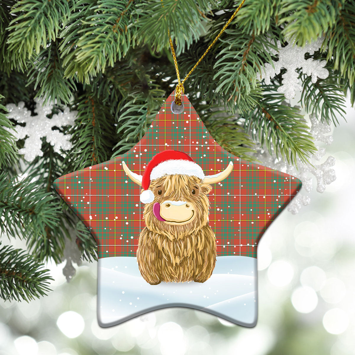 Bruce Ancient Tartan Christmas Ceramic Ornament - Highland Cows Style