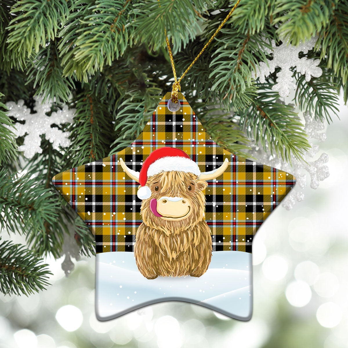 Cornish Tartan Christmas Ceramic Ornament - Highland Cows Style