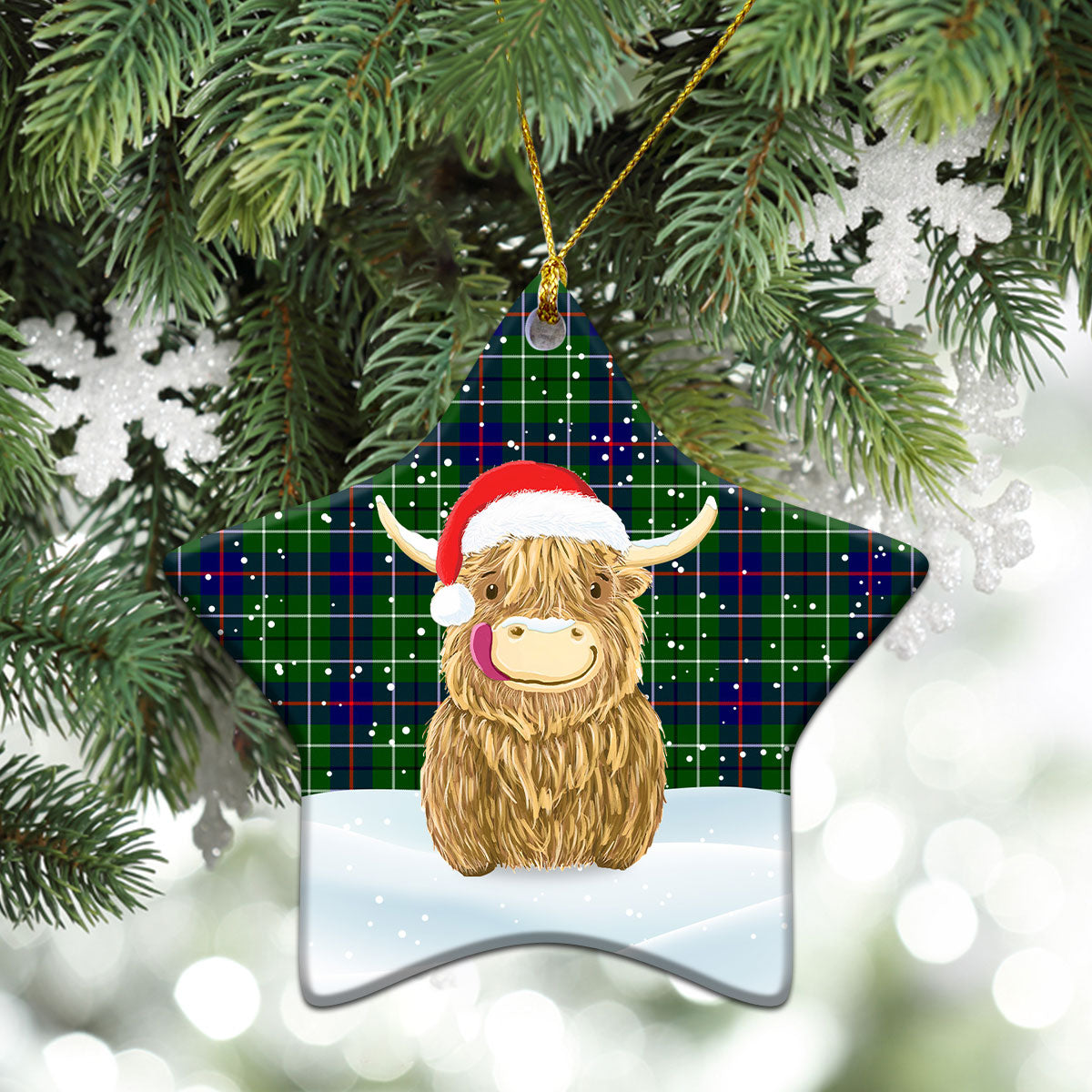 Duncan Modern Tartan Christmas Ceramic Ornament - Highland Cows Style