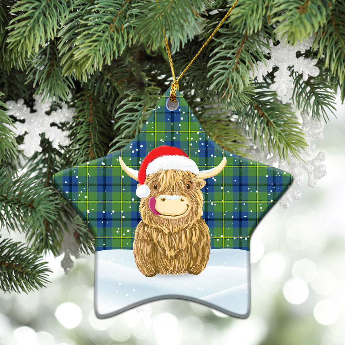 Johnstone Ancient Tartan Christmas Ceramic Ornament - Highland Cows Style