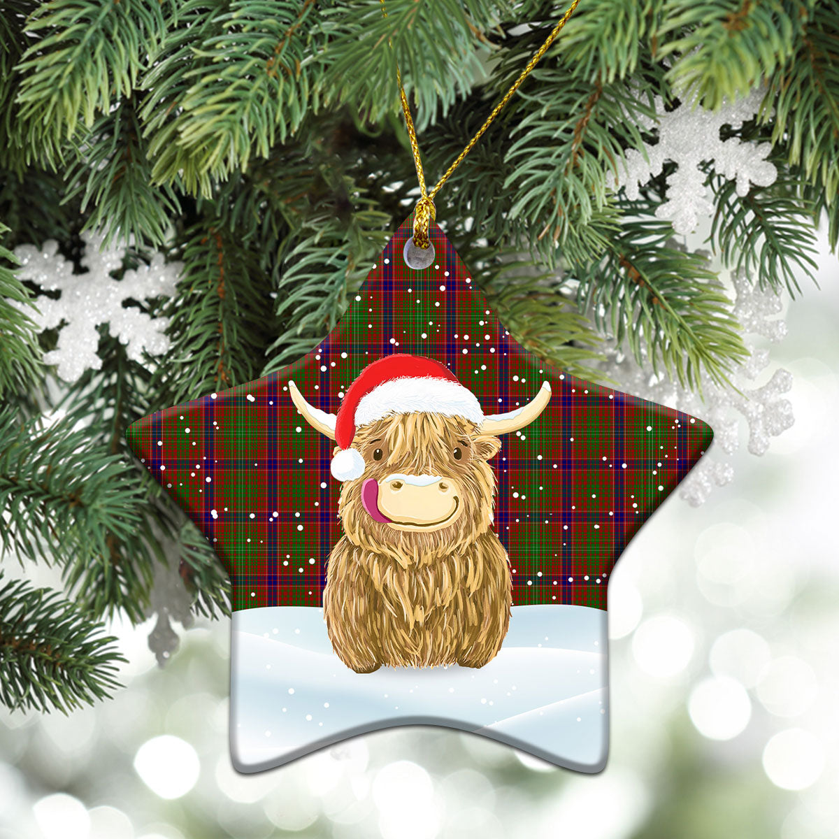 Lumsden Tartan Christmas Ceramic Ornament - Highland Cows Style