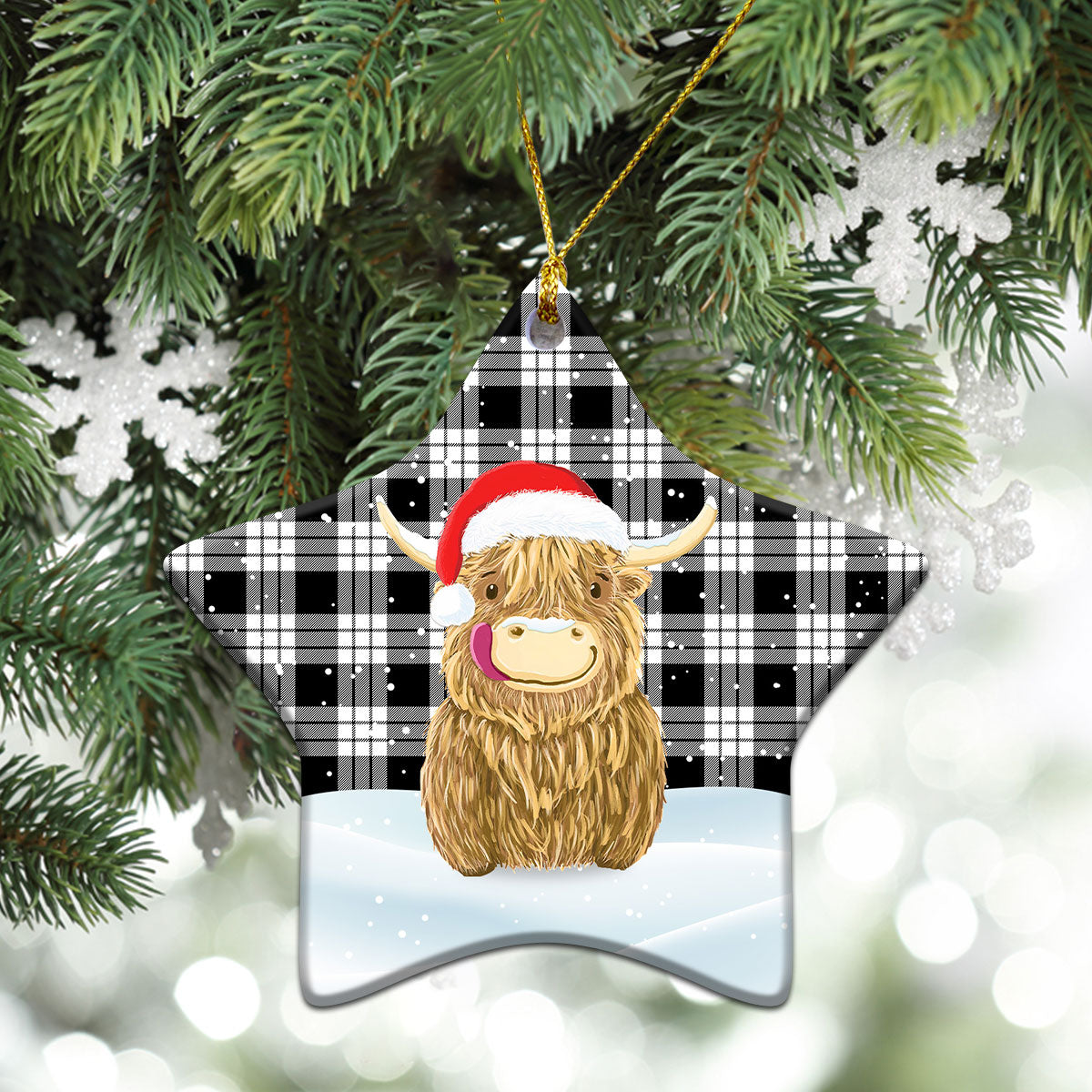 MacFarlane Black _ White Tartan Christmas Ceramic Ornament - Highland Cows Style