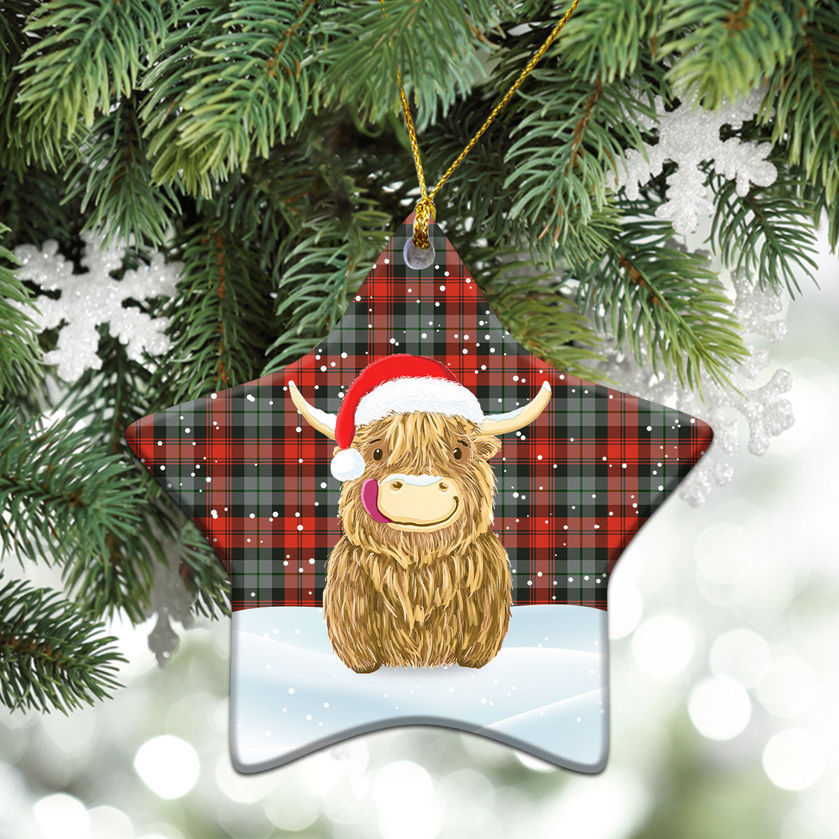 MacLachlan Weathered Tartan Christmas Ceramic Ornament - Highland Cows Style