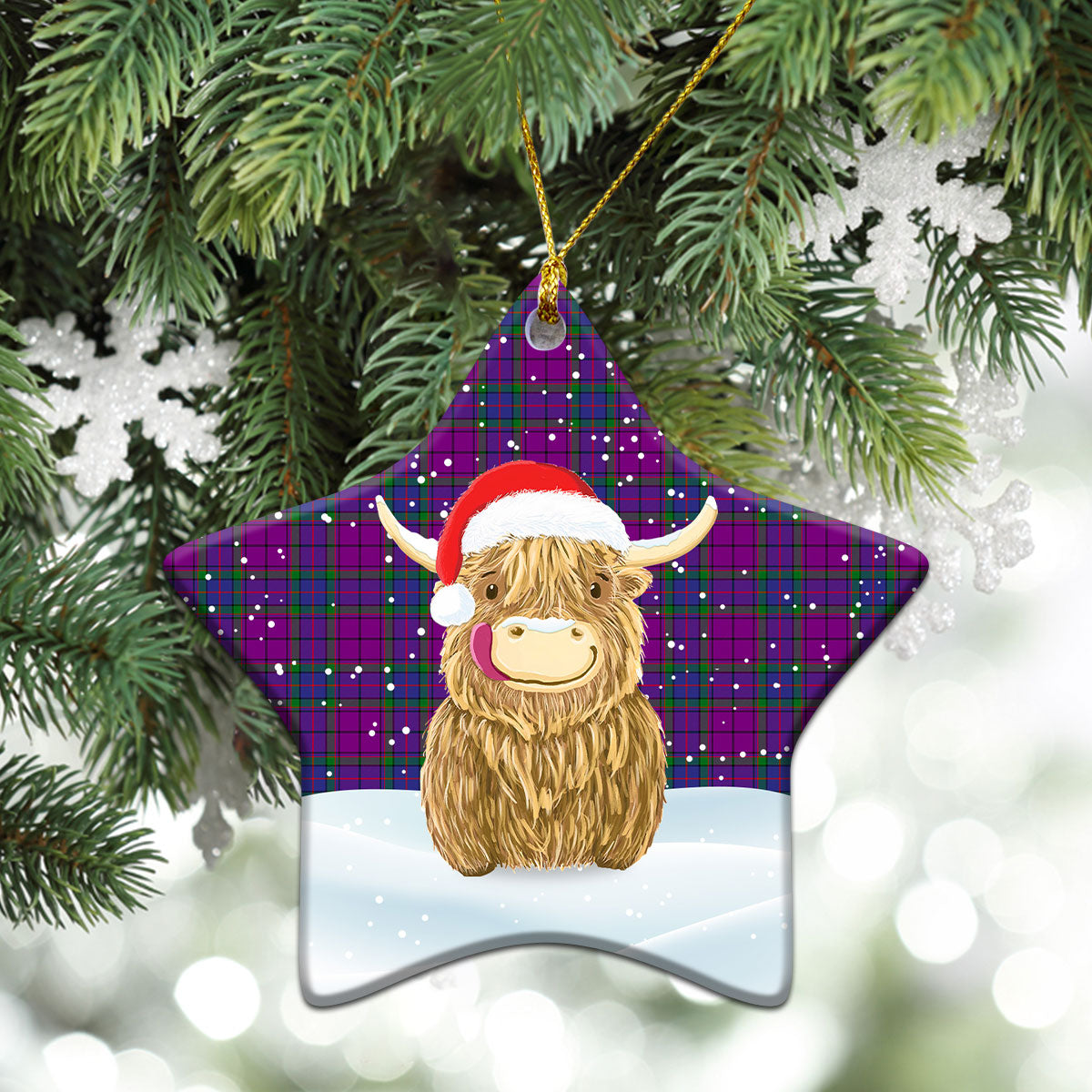 Wardlaw Modern Tartan Christmas Ceramic Ornament - Highland Cows Style