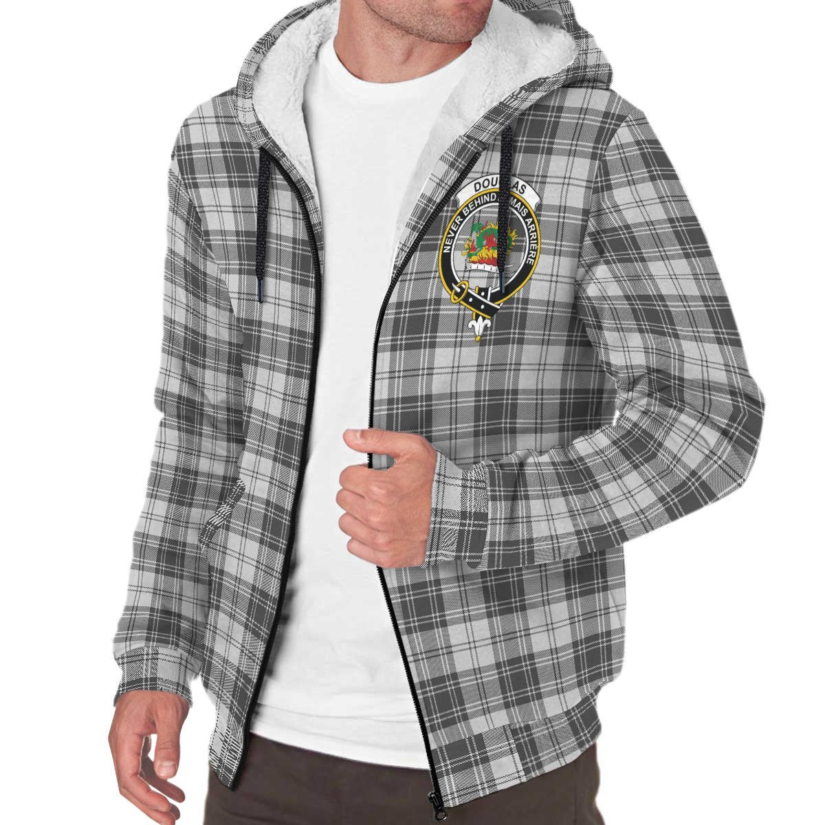 Douglas Grey Modern Tartan Crest Sherpa Hoodie