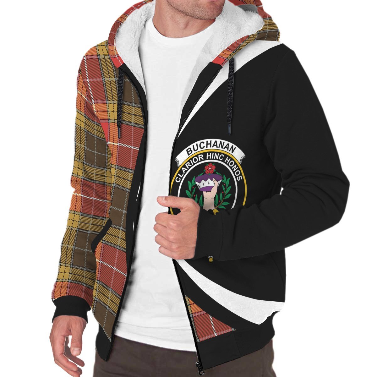 Buchanan Old Set Weathered Tartan Crest Sherpa Hoodie - Circle Style