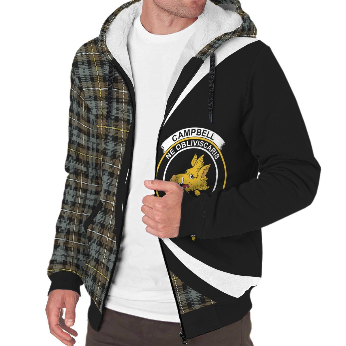 Campbell Argyll Weathered Tartan Crest Sherpa Hoodie - Circle Style