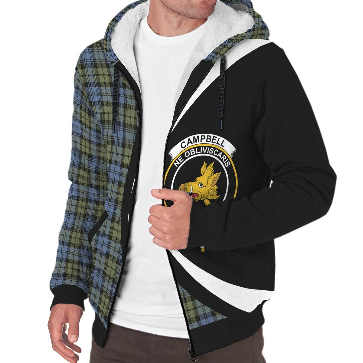 Campbell Faded Tartan Crest Sherpa Hoodie - Circle Style