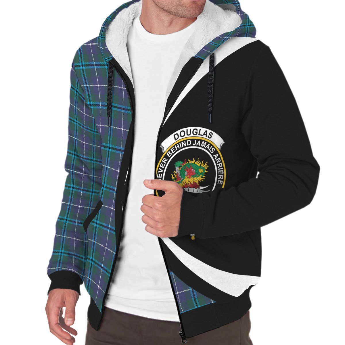 Douglas Modern Tartan Crest Sherpa Hoodie - Circle Style