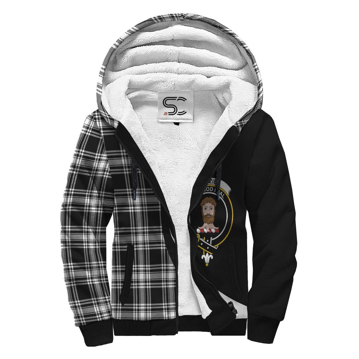 Menzies Black & White Modern Tartan Crest Sherpa Hoodie - Circle Style