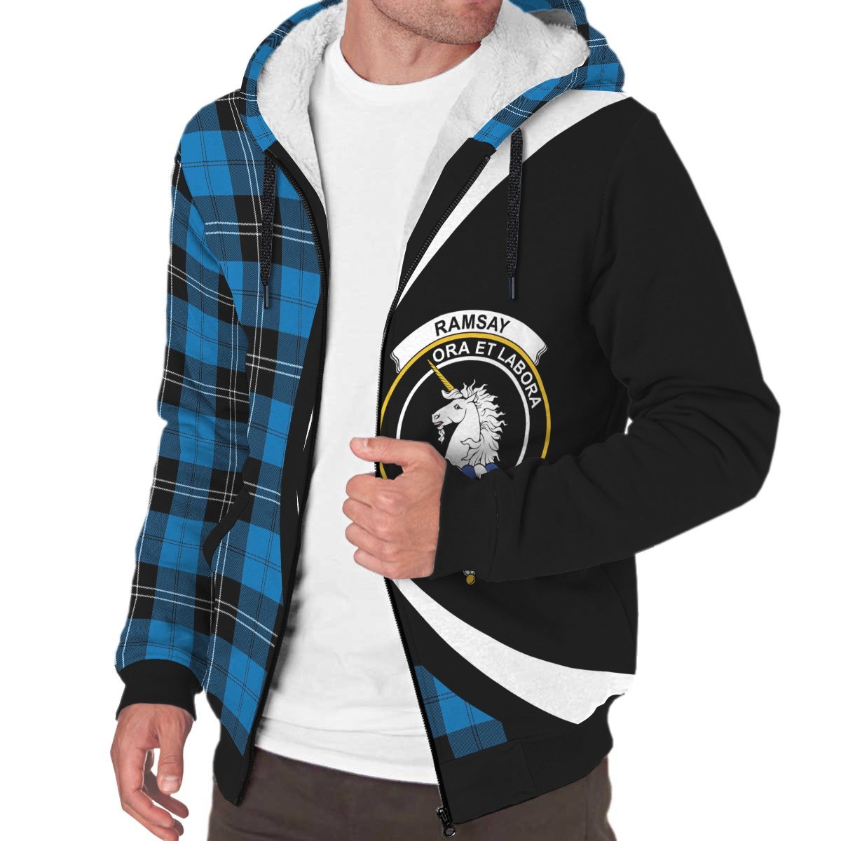 Ramsay Blue Ancient Tartan Crest Sherpa Hoodie - Circle Style