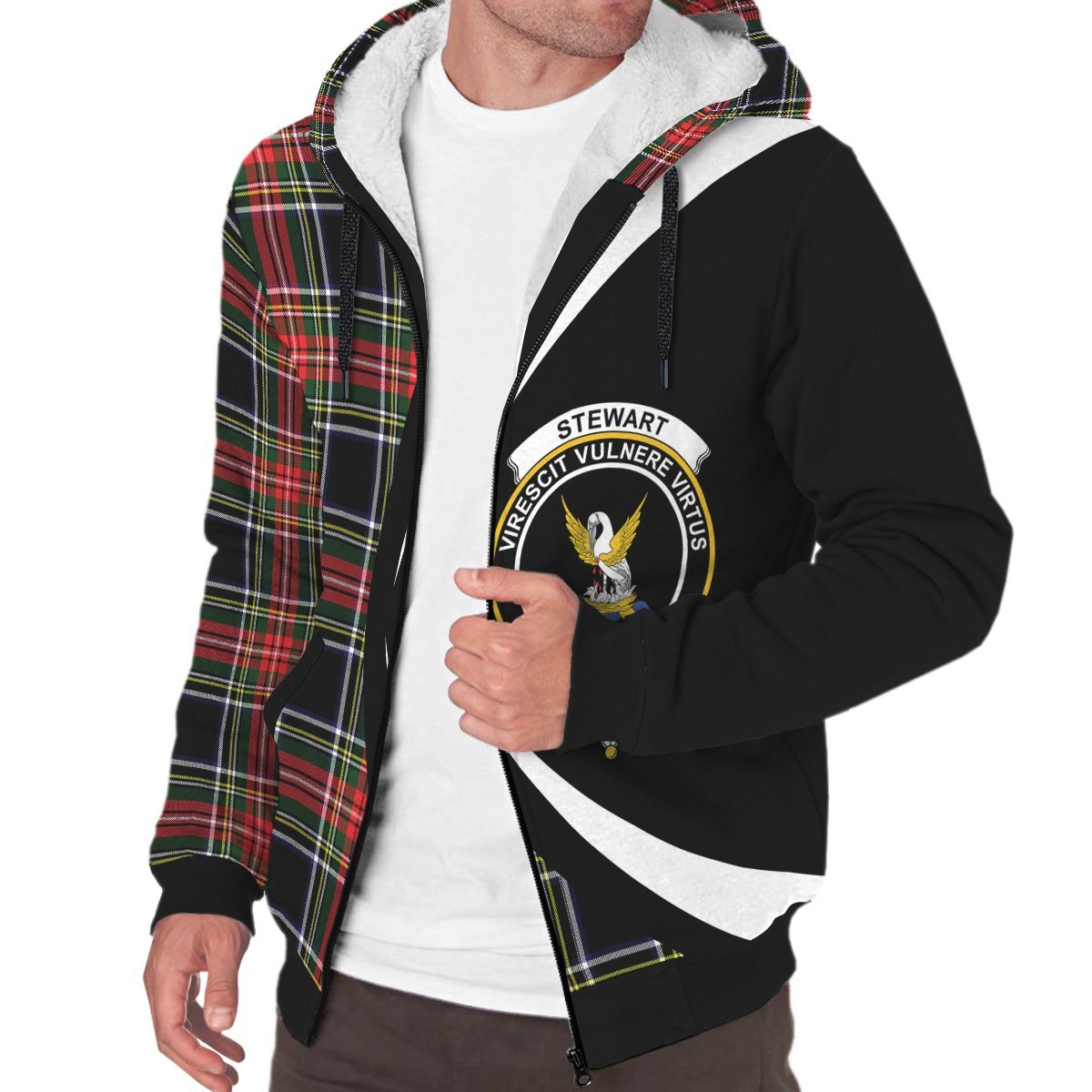 Stewart Black Tartan Crest Sherpa Hoodie - Circle Style