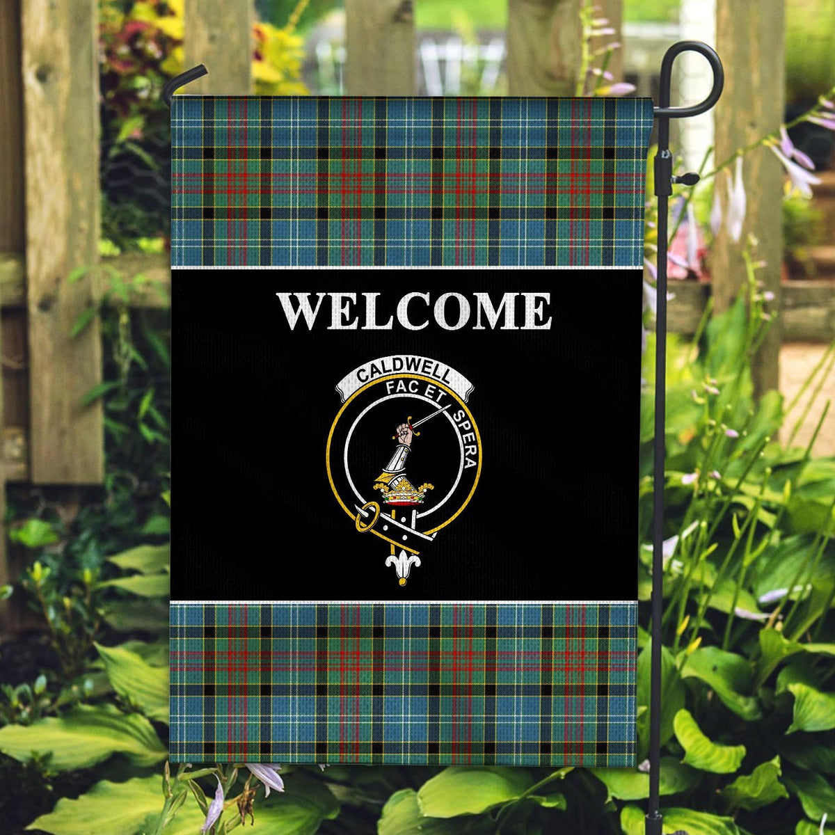 Caldwell Tartan Crest Black Garden Flag