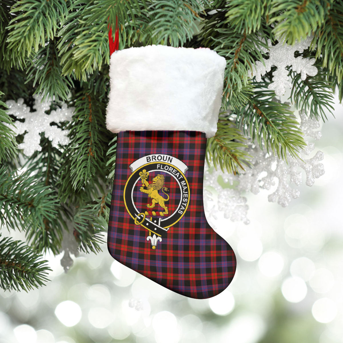 Broun Modern Tartan Crest Christmas Stocking