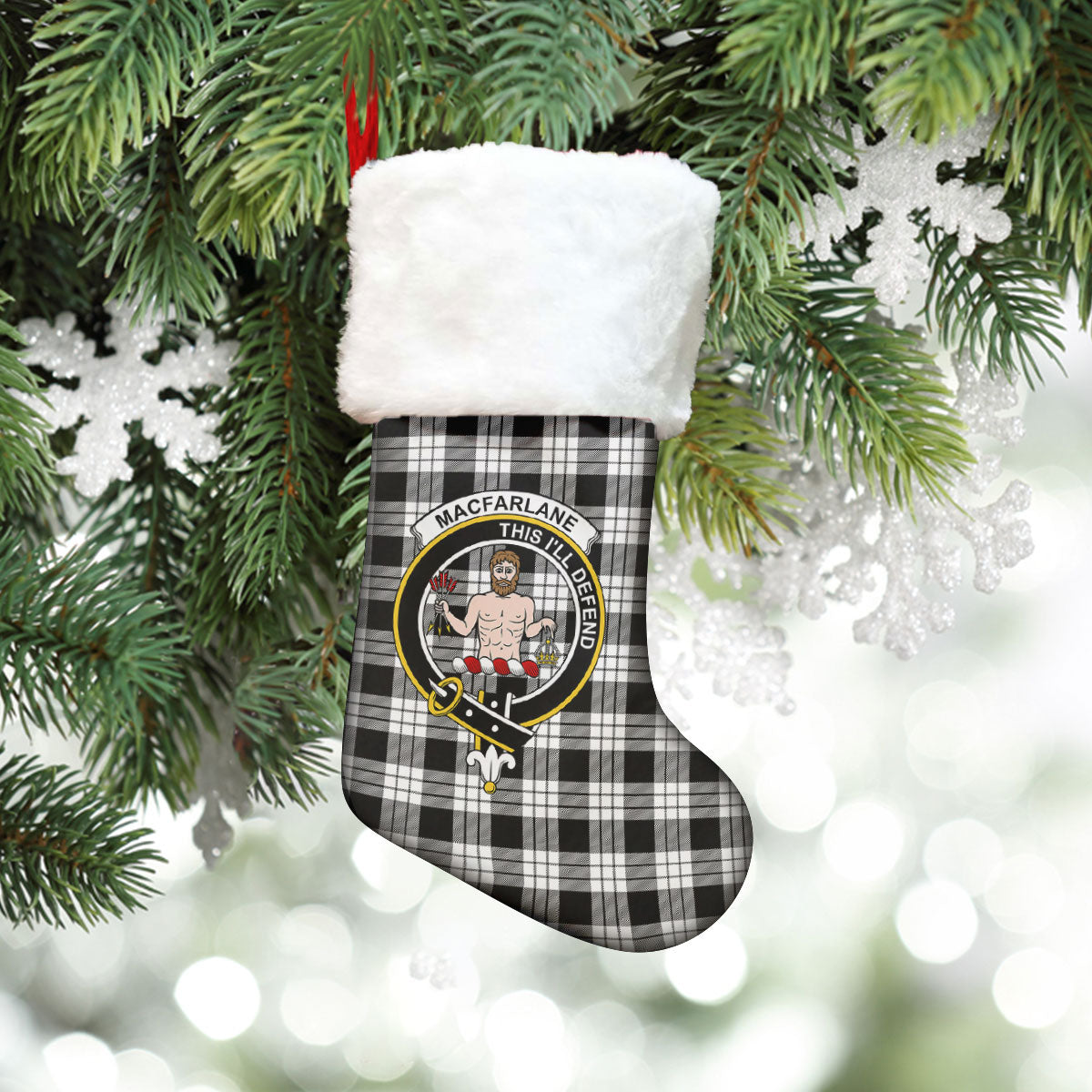 MacFarlane Black _ White Tartan Crest Christmas Stocking