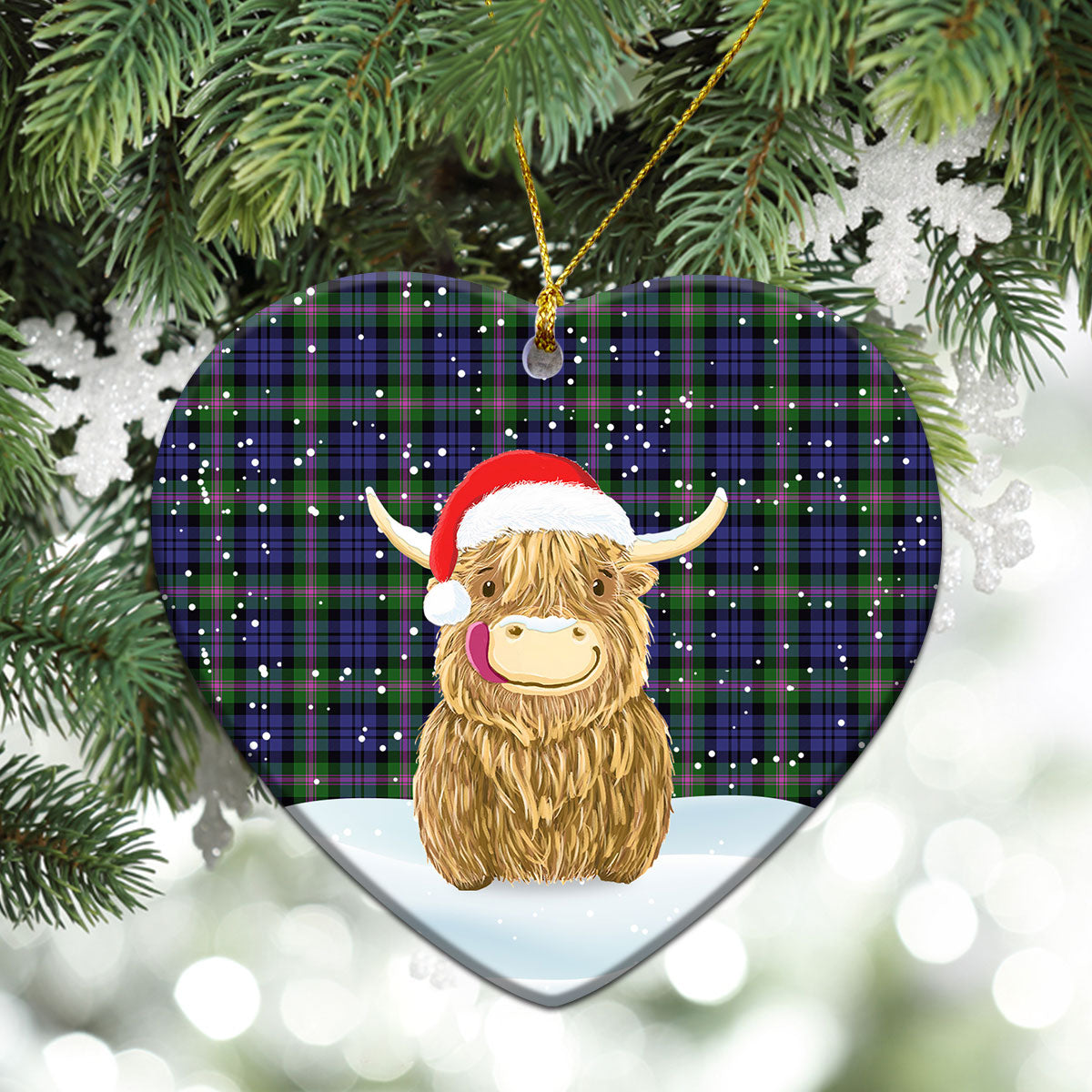 Baird Modern Tartan Christmas Ceramic Ornament - Highland Cows Style