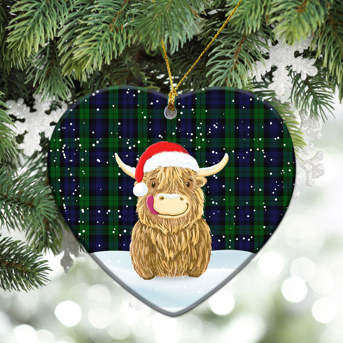 Black Watch Tartan Christmas Ceramic Ornament - Highland Cows Style