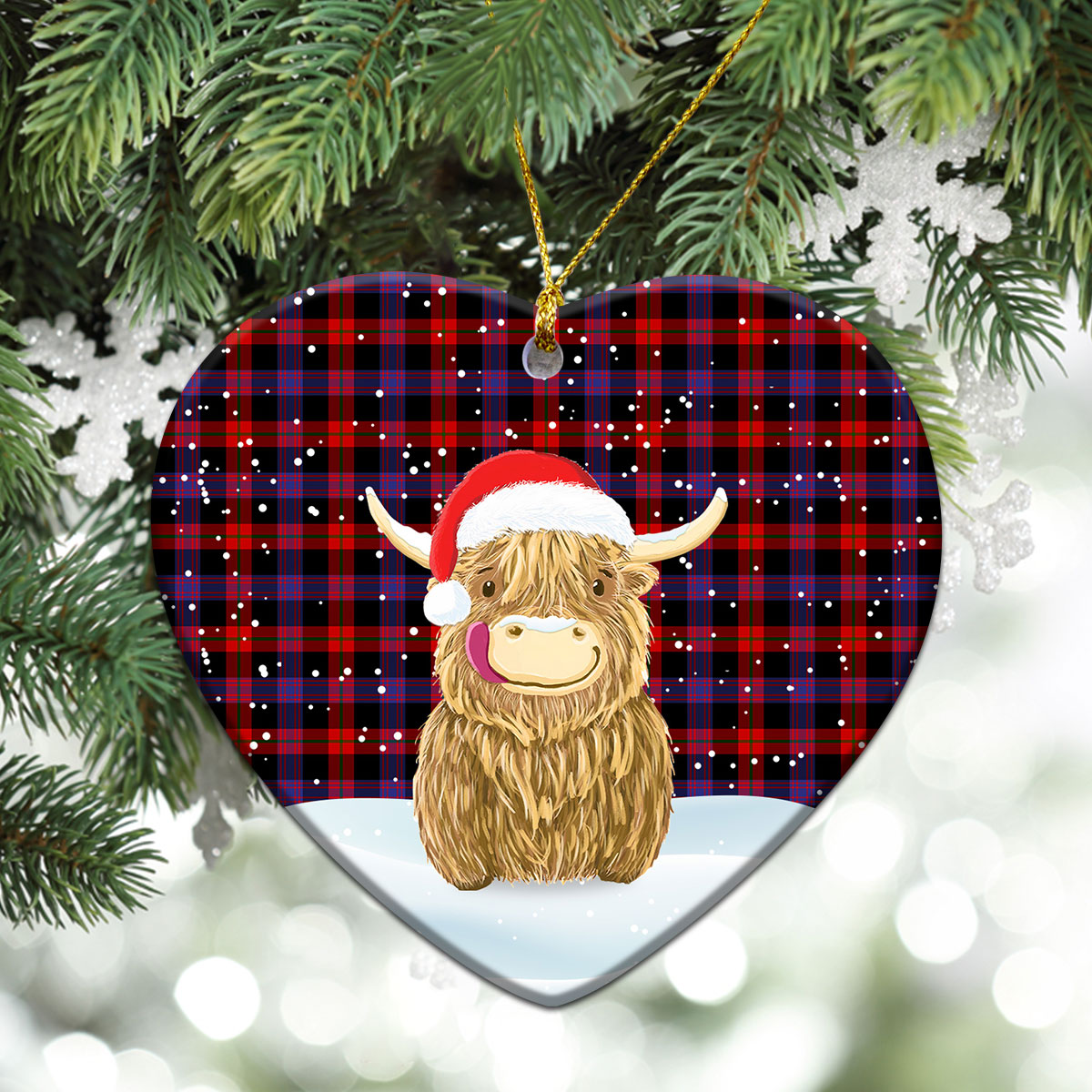 Broun Modern Tartan Christmas Ceramic Ornament - Highland Cows Style