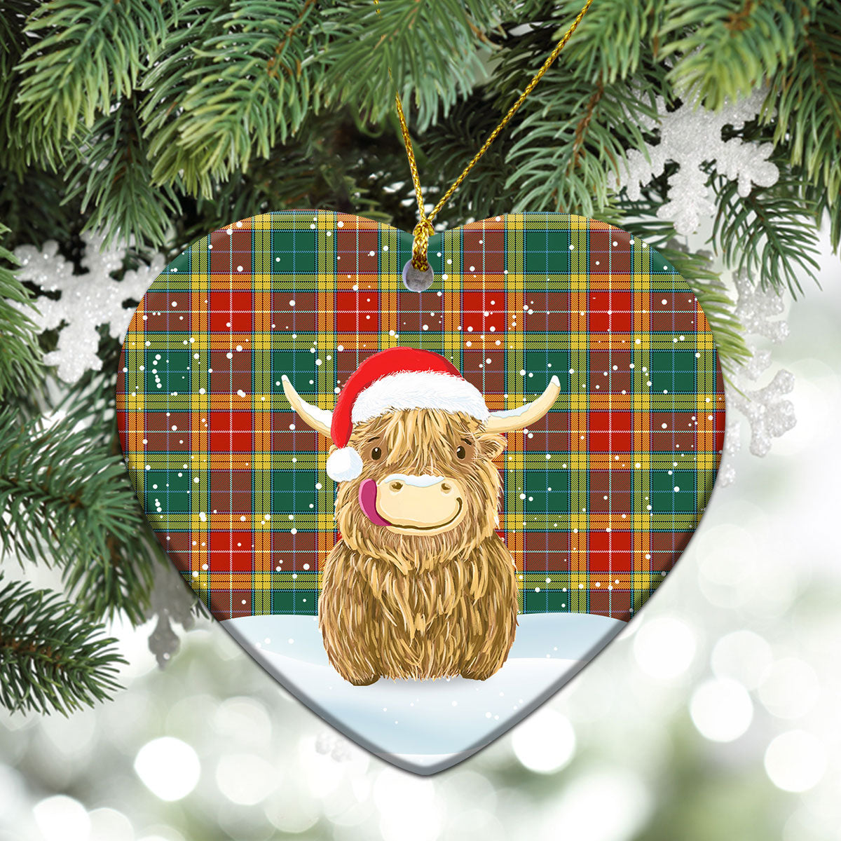 Buchanan Old Sett Tartan Christmas Ceramic Ornament - Highland Cows Style