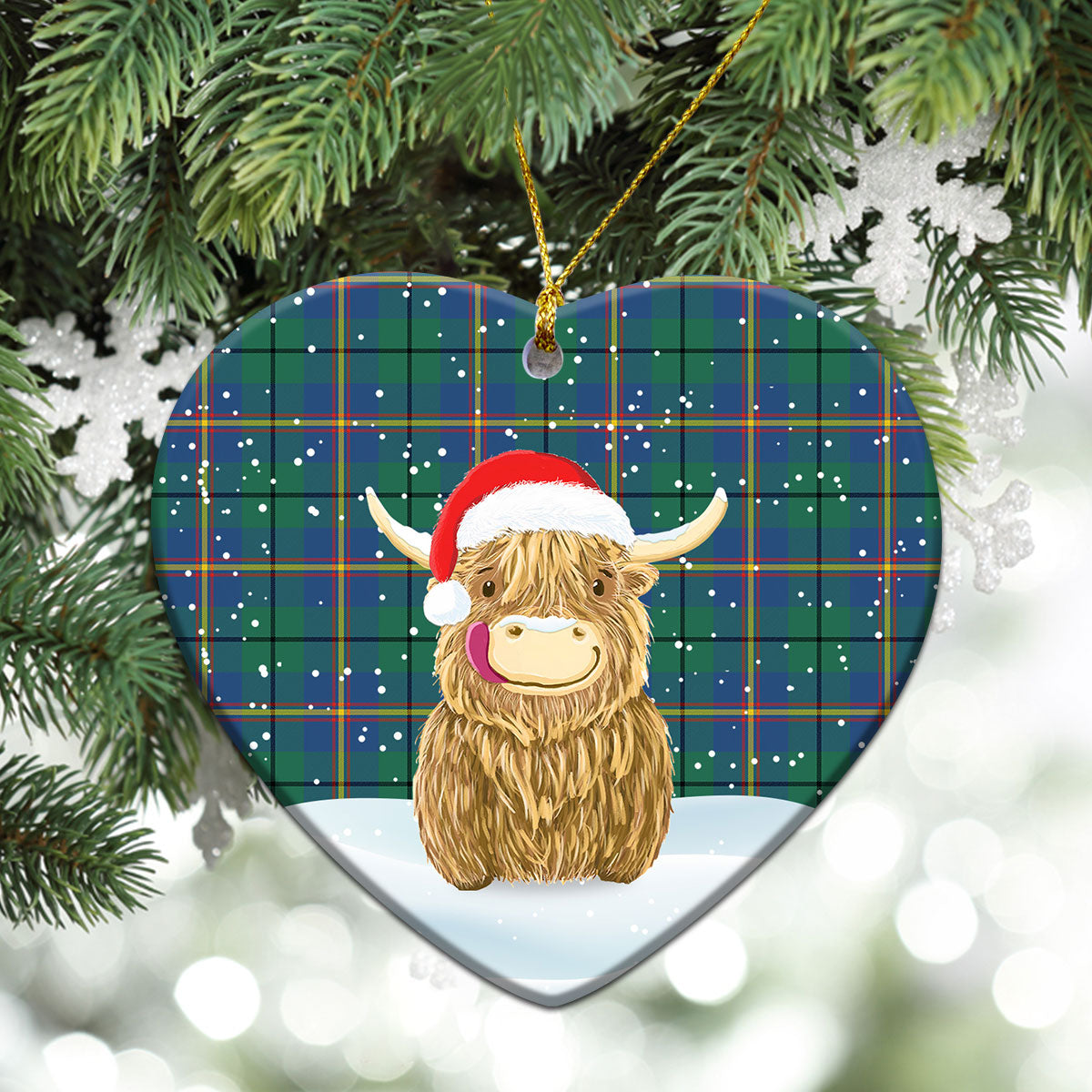 Carmichael Ancient Tartan Christmas Ceramic Ornament - Highland Cows Style