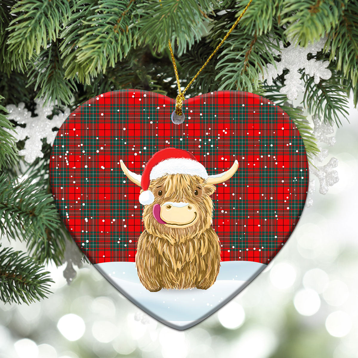 Cheyne Tartan Christmas Ceramic Ornament - Highland Cows Style