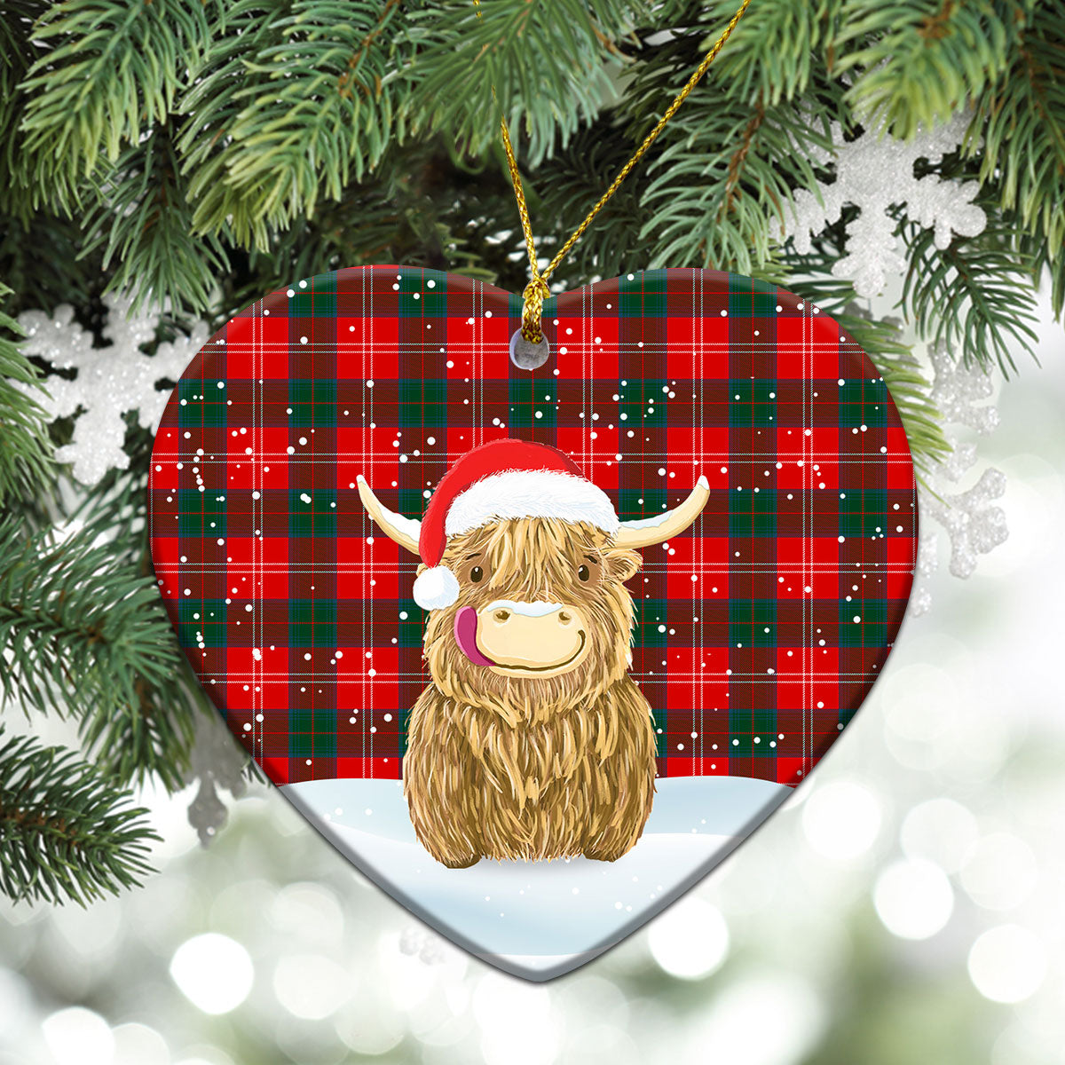 Chisholm Modern Tartan Christmas Ceramic Ornament - Highland Cows Style