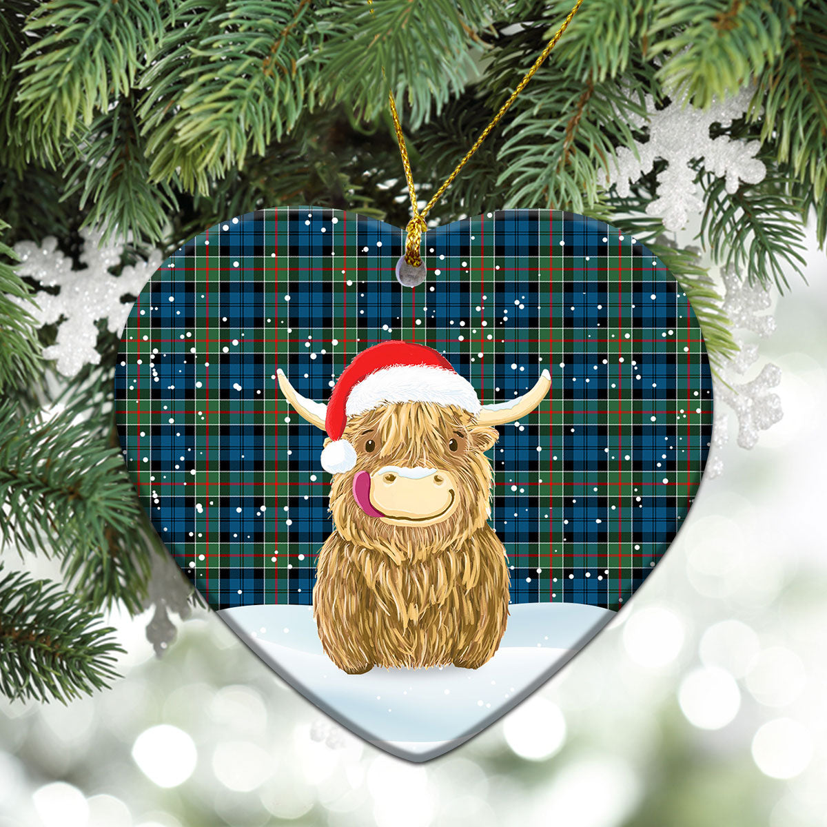 Colquhoun Ancient Tartan Christmas Ceramic Ornament - Highland Cows Style