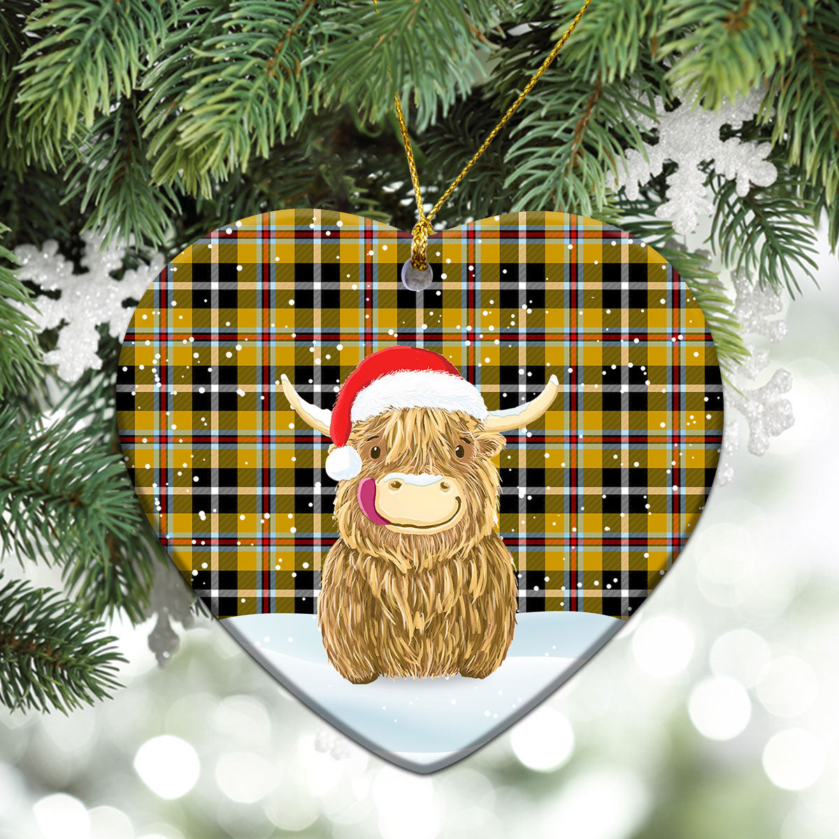 Cornish Tartan Christmas Ceramic Ornament - Highland Cows Style