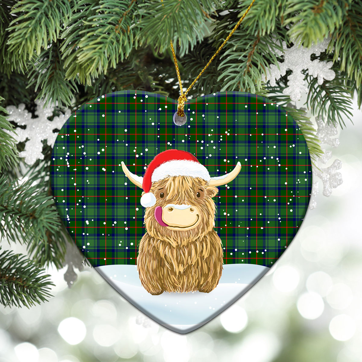 Cranstoun Tartan Christmas Ceramic Ornament - Highland Cows Style