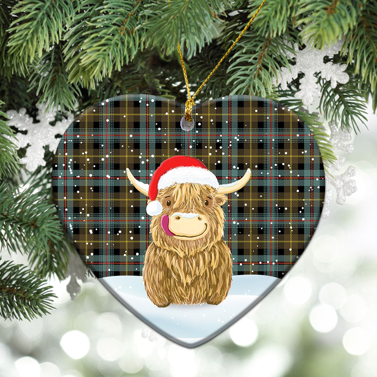 Farquharson Weathered Tartan Christmas Ceramic Ornament - Highland Cows Style