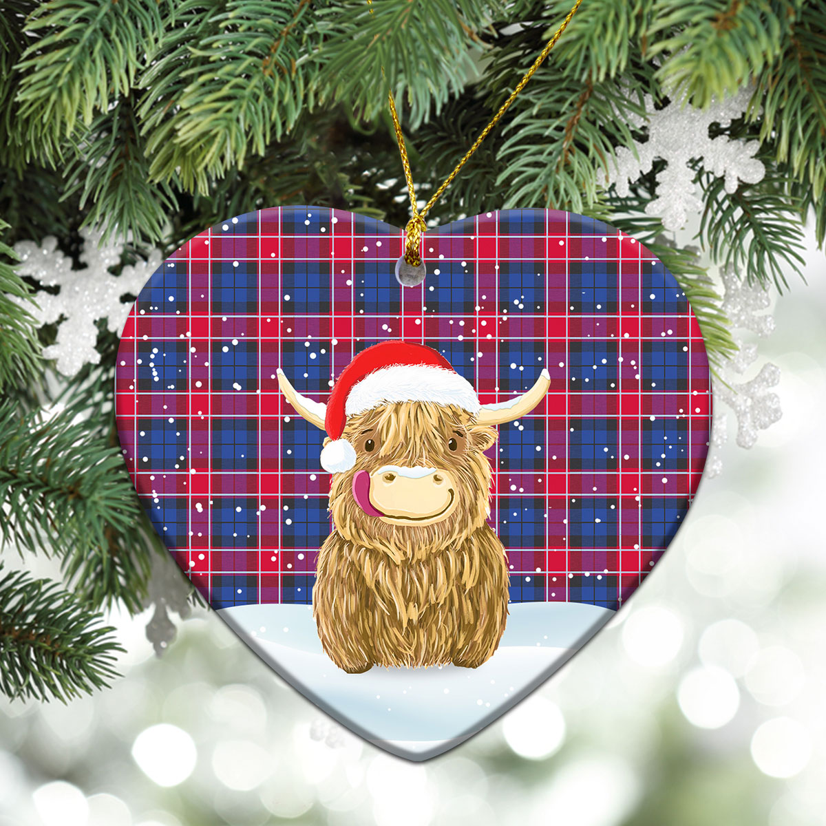 Graham of Menteith Red Tartan Christmas Ceramic Ornament - Highland Cows Style