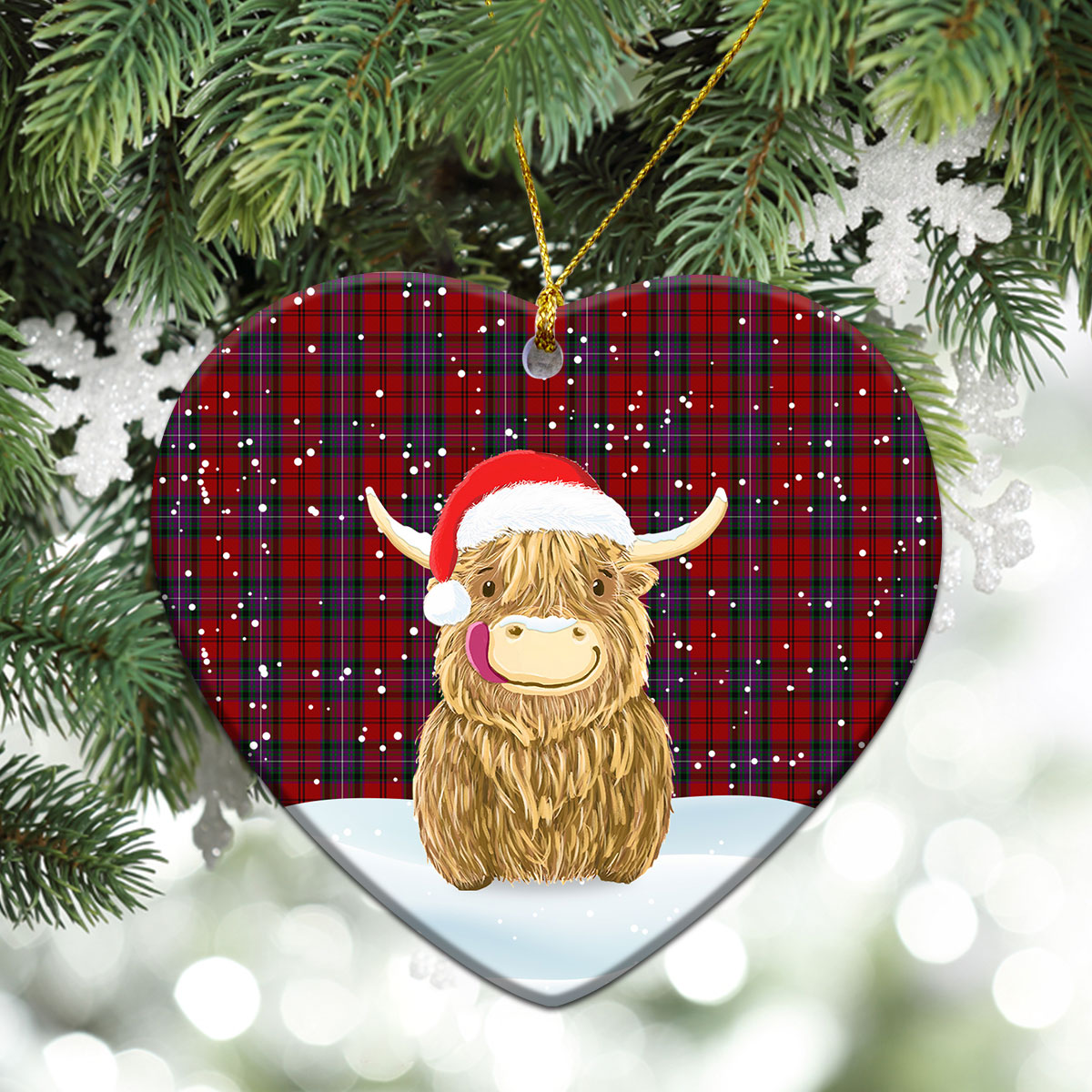 Kelly of Sleat Red Tartan Christmas Ceramic Ornament - Highland Cows Style