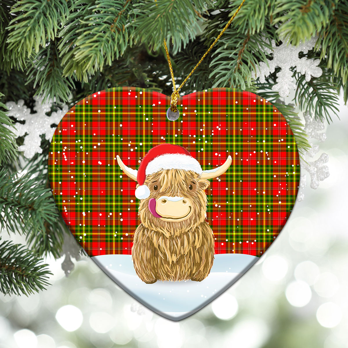 Leask Tartan Christmas Ceramic Ornament - Highland Cows Style