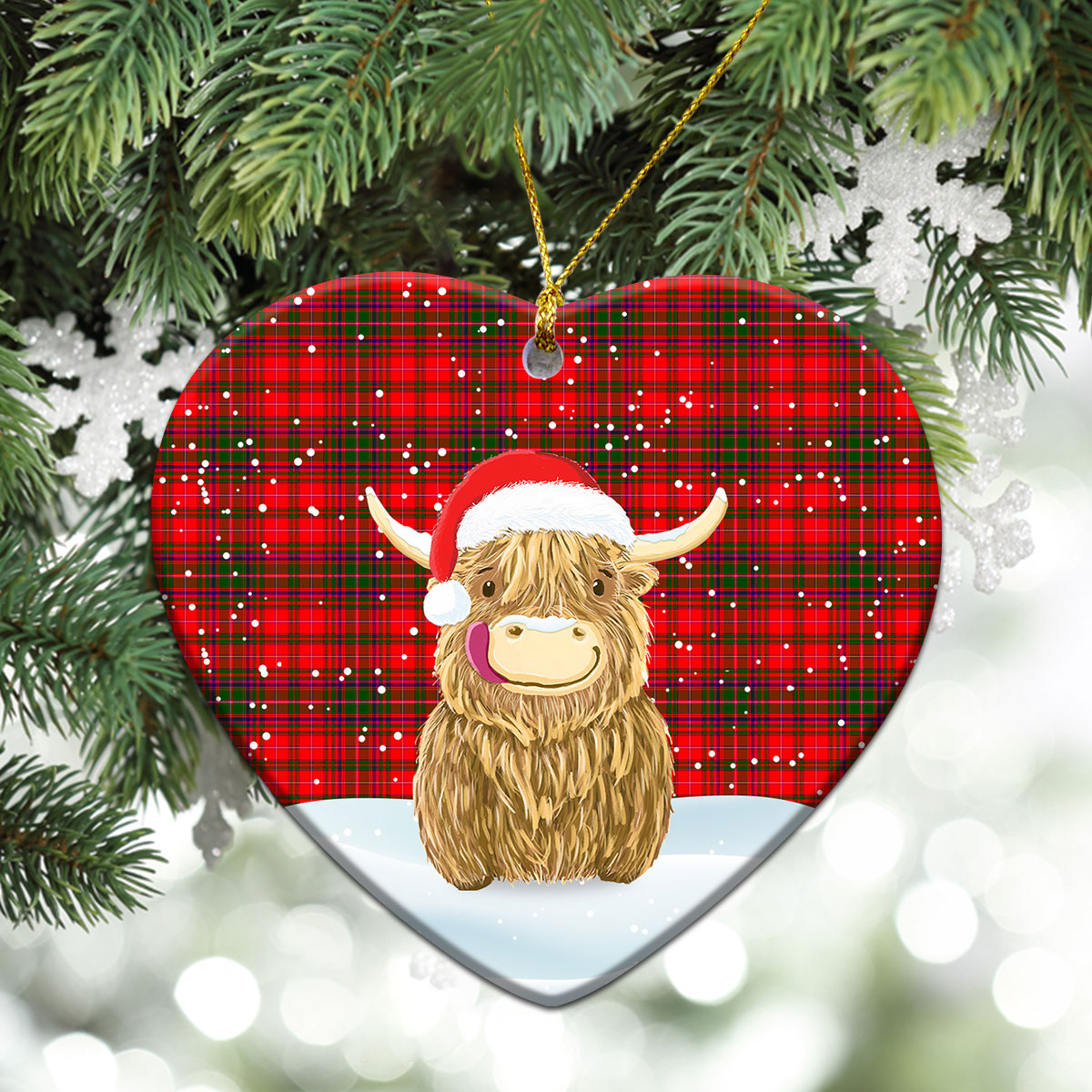 MacDougall Modern Tartan Christmas Ceramic Ornament - Highland Cows Style