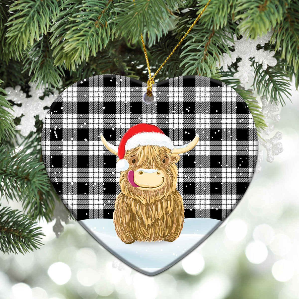 MacFarlane Black _ White Tartan Christmas Ceramic Ornament - Highland Cows Style