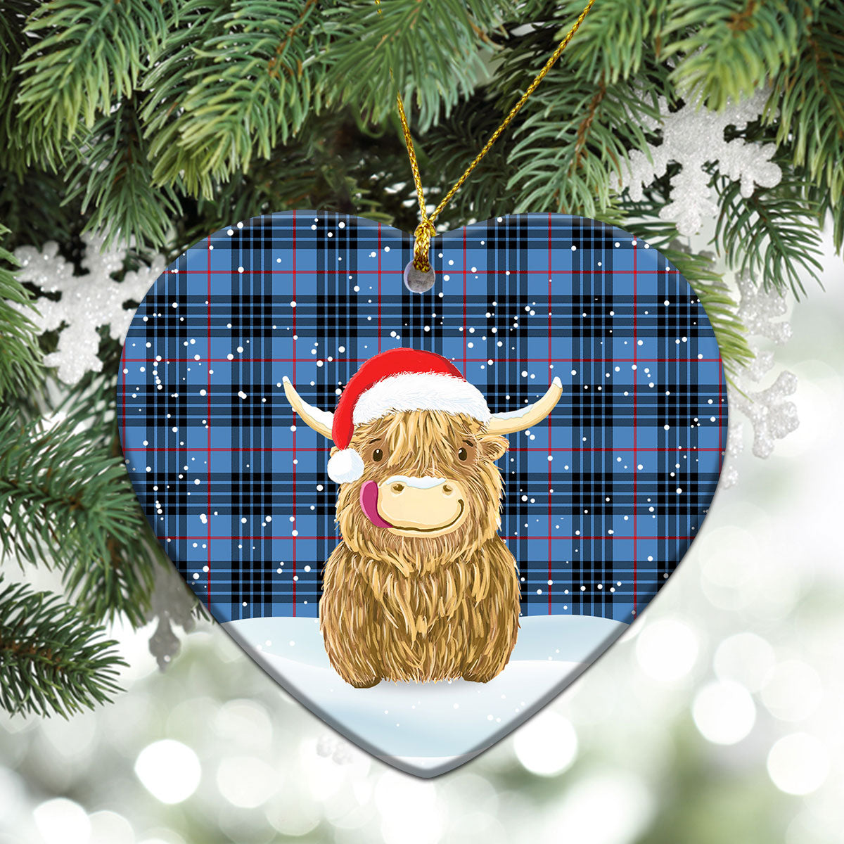 MacKay Blue Tartan Christmas Ceramic Ornament - Highland Cows Style