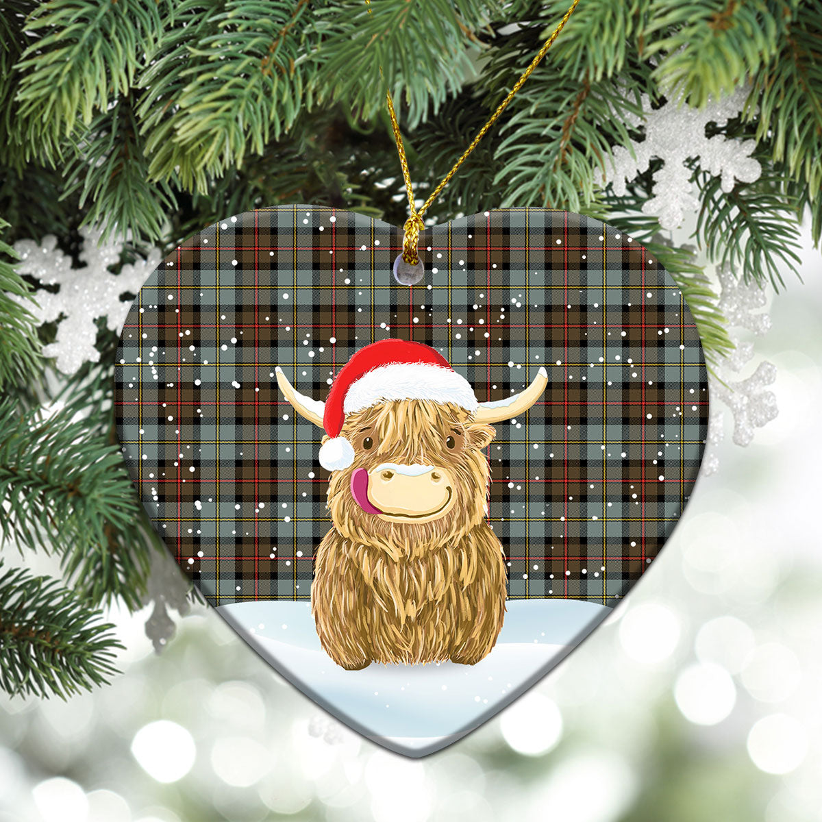 MacLeod of Harris Weathered Tartan Christmas Ceramic Ornament - Highland Cows Style