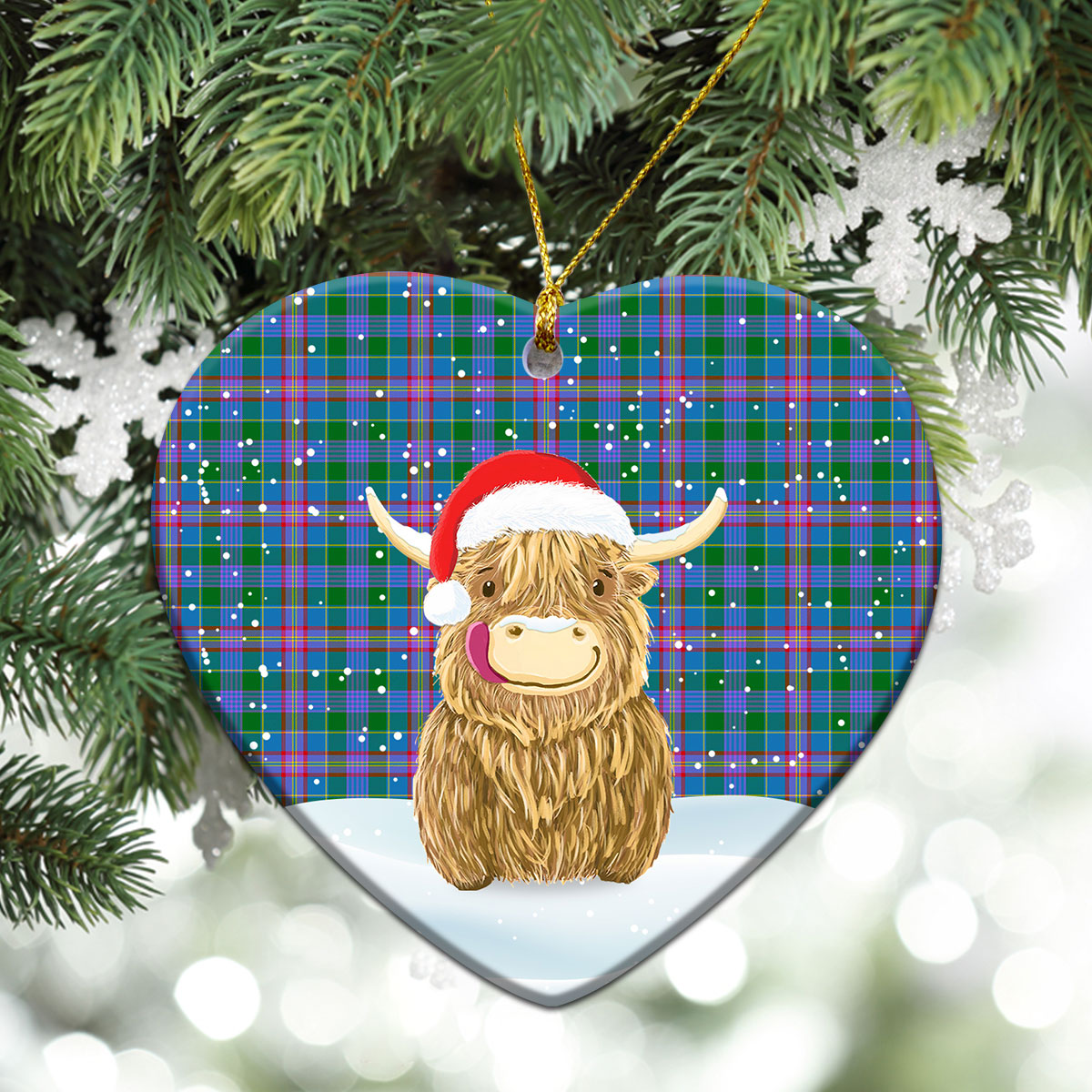 Pitcairn Hunting Tartan Christmas Ceramic Ornament - Highland Cows Style