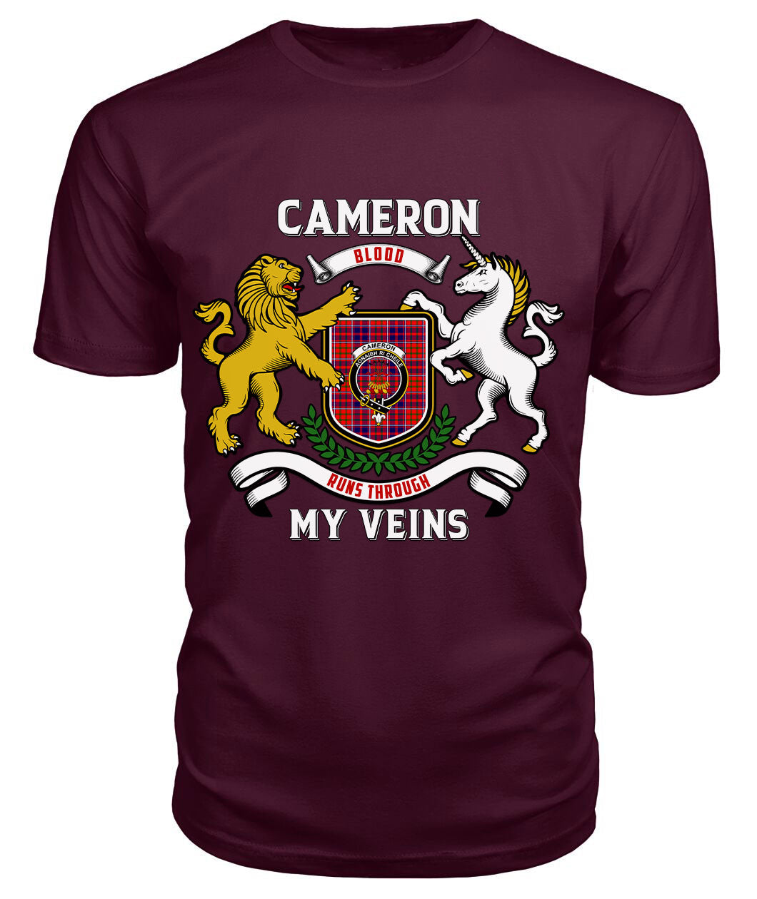 Cameron of Lochiel Modern Tartan Crest 2D T-shirt - Blood Runs Through My Veins Style