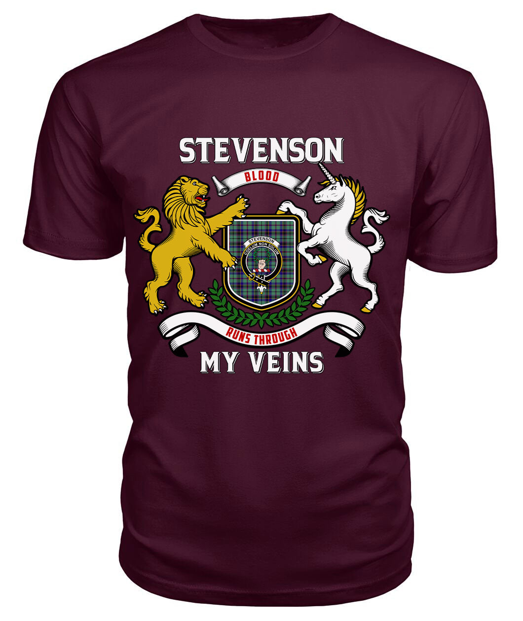 Stevenson Tartan Crest 2D T-shirt - Blood Runs Through My Veins Style