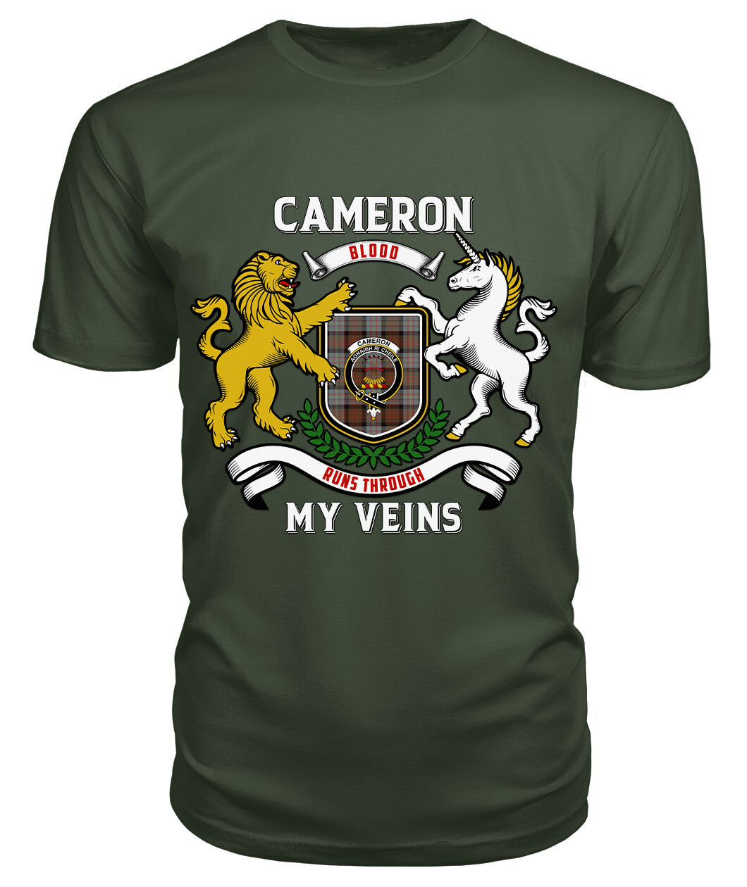 Cameron of Erracht Weathered Tartan Crest 2D T-shirt - Blood Runs Through My Veins Style