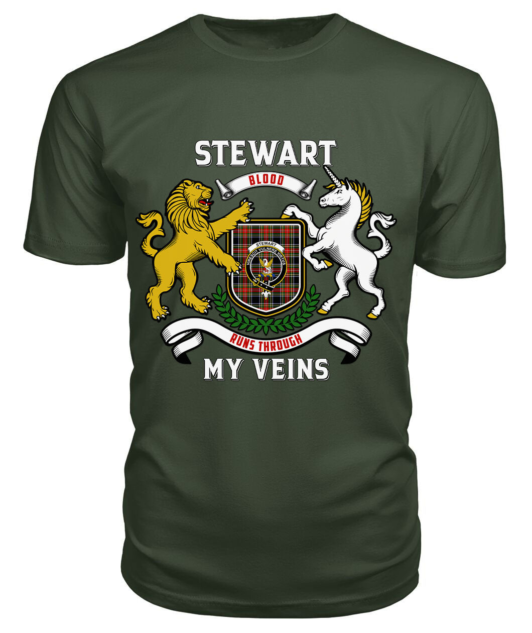 Stewart Black Tartan Crest 2D T-shirt - Blood Runs Through My Veins Style
