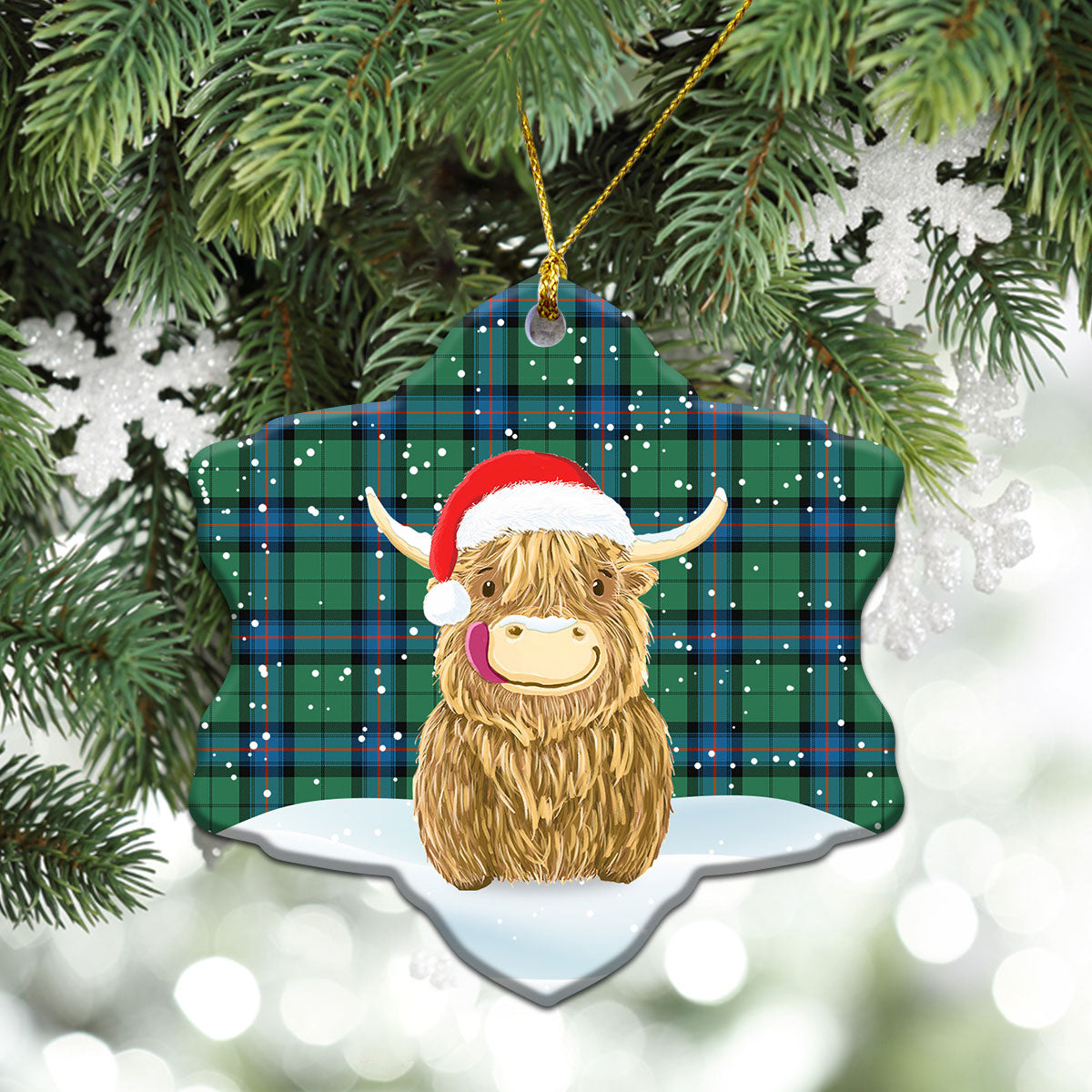 Armstrong Ancient Tartan Christmas Ceramic Ornament - Highland Cows Style