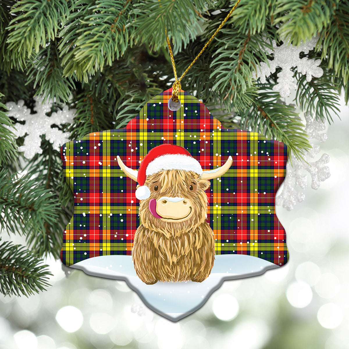 Buchanan Modern Tartan Christmas Ceramic Ornament - Highland Cows Style